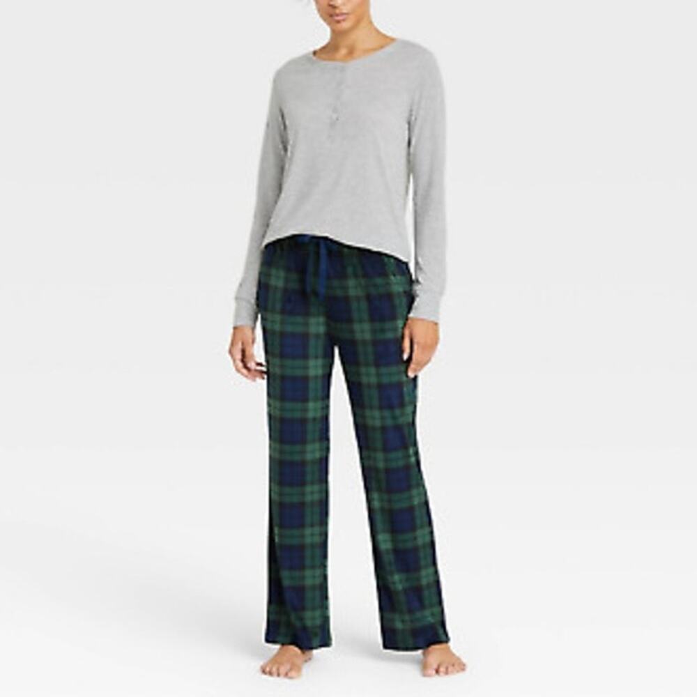 Stars Above Henley Plaid Pajama Set Green Blue Gray XXL 2 pc Pj Lounge Sleepwear